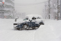 Heavy snow hits Obihiro, Hokkaido, on Tuesday morning.