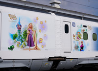 A specially painted Tokaido Shinkansen train themed after the new Fantasy Springs area of Tokyo DisneySea, in the city of Hamamatsu on Monday