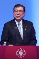 Prime Minister Shigeru Ishiba delivers a speech at the LDP convention in Tokyo on Sunday.