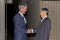 Emperor Naruhito (right) welcomes Danish King Frederik X at his residence in the Imperial Palace in Tokyo on Friday. (Courtesy of the Imperial Household Agency)