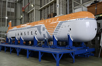 JAMSTEC's unmanned deep sea probe Urashima 8000 is displayed in Yokosuka, Kanagawa Prefecture, on Monday.