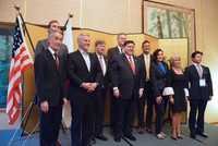 Japanese Ambassador to the United States Shigeo Yamada (far left), U.S. state governors and others attend a reception for an investment promotion event at the ambassador's residence in Washington on Monday.
