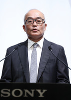 Sony Group President and CEO Hiroki Totoki explains management policy at a press briefing in Tokyo on Wednesday.