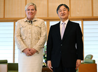 Japanese Emperor Naruhito meets with Icelandic President Halla Tomasdottir at the Imperial Palace in Tokyo on Tuesday. (Pool photo)