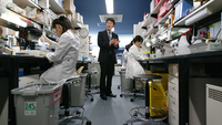 Professor Haruhisa Inoue (center) of Kyoto University's Center for iPS Cell Research and Application