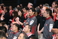 Takeshi Hakamada (center), CEO of Japanese startup ispace, in Tokyo on Friday, hoping for a successful landing of its lunar probe