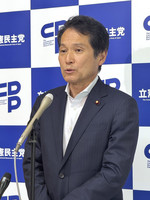 Hiroshi Ogushi, executive deputy president of the Constitutional Democratic Party of Japan, speaks to reporters about candidate coordination with Nippon Ishin no Kai for the upcoming House of Councillors election, in Tokyo on Friday.