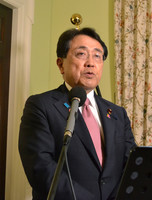 Japanese economic revitalization minister Ryosei Akazawa speaks with reporters after holding tariff talks with U.S. Treasury Secretary Scott Bessent and Commerce Secretary Howard Lutnick in Washington on Friday.
