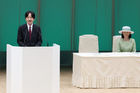 Japanese Crown Prince Akishino delivers a speech at the 36th national 