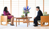 Japanese Emperor Naruhito (right) meets with President Vjosa Osmani-Sadriu of Kosovo at the Imperial Palace in Tokyo on Friday (Pool photo)