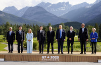 The leaders of the Group of Seven major countries pose for a photo for their summit in Kananaskis, western Canada, on Monday. (Pool photo)