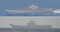 The Chinese navy's aircraft carriers Liaoning (top, courtesy of the Joint Staff at the Japanese Defense Ministry) and Shandong (courtesy of Taiwan's Ministry of National Defense)