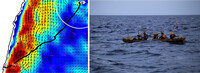 A dugout canoe with five people aboard, which set off from eastern Taiwan into the Kuroshio current in July 2019 (right in the photo), and a diagram of its position at the time (bottom left, red triangle. Top right is Yonaguni Island, the black line indicates the voyage route) (Courtesy of team leader Yosuke Kaifu)