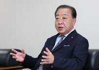 Yoshihiko Noda, leader of the Constitutional Democratic Party of Japan, speaks in an interview at the party's headquarters in Tokyo on Wednesday.