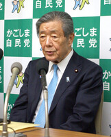LDP Secretary-General Hiroshi Moriyama speaks to reporters in Kagoshima on Wednesday.