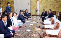 Prime Minister Shigeru Ishiba (second from right) and Yoshihiko Noda, leader of the Constitutional Democratic Party of Japan (third from right) attend a meeting among political party leaders in the Diet building in Tokyo on Friday.