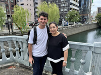 Kosuzu Harada (right), granddaughter of a double hibakusha, and Ari Beser, grandson of a U.S. serviceman who was aboard the B-29s that dropped the atomic bombs on Hiroshima and Nagasaki, photographed in Nagasaki in September 2024. (Courtesy of Beser)