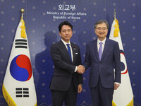 Japanese agriculture minister Shinjiro Koizumi (left) shakes hands with South Korean Foreign Minister Cho Hyun in Seoul on Monday.