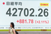 A monitor at a securities company office in Tokyo shows a strong reading of Japan's benchmark Nikkei 225 stock average Tuesday morning.