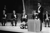 Sadanori Yamanaka, then head of the Okinawa Development Agency, addresses a ceremony held in Naha, Okinawa, on May 15, 1972, to celebrate the return of Okinawa to Japan from post-World War II U.S. occupation.