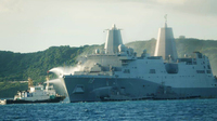 A fire occurs on the USS New Orleans off Uruma, Okinawa Prefecture, on Wednesday afternoon. (Courtesy of the Japan Coast Guard)
