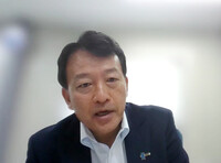 Japanese state minister of agriculture, forestry and fisheries Hiroyoshi Sasagawa attends an online interview with Jiji Press on Tuesday, discussing his two-day trip to Busan, South Korea, through the same day.